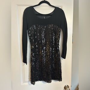 Aqua Black Long Sleeve Sequin and Mesh Mini Dress